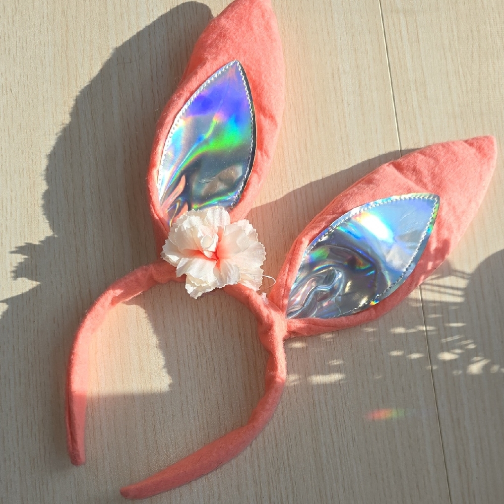 New Coral Bunny Ear Headband with Iridescent Inner Ears and Cream Flower